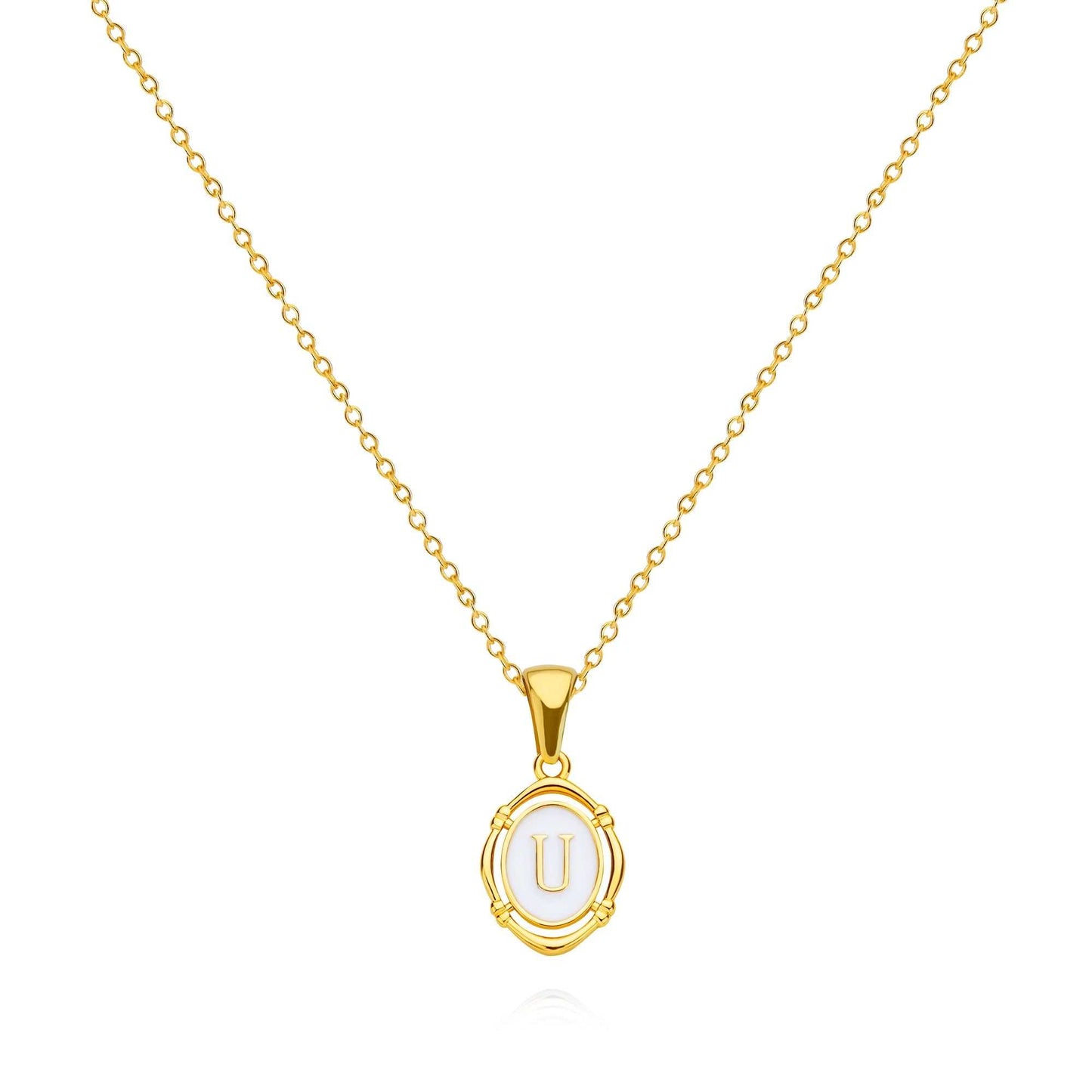 Framed YourLetter Enamel Necklace in gold with customizable letter on 45cm chain.