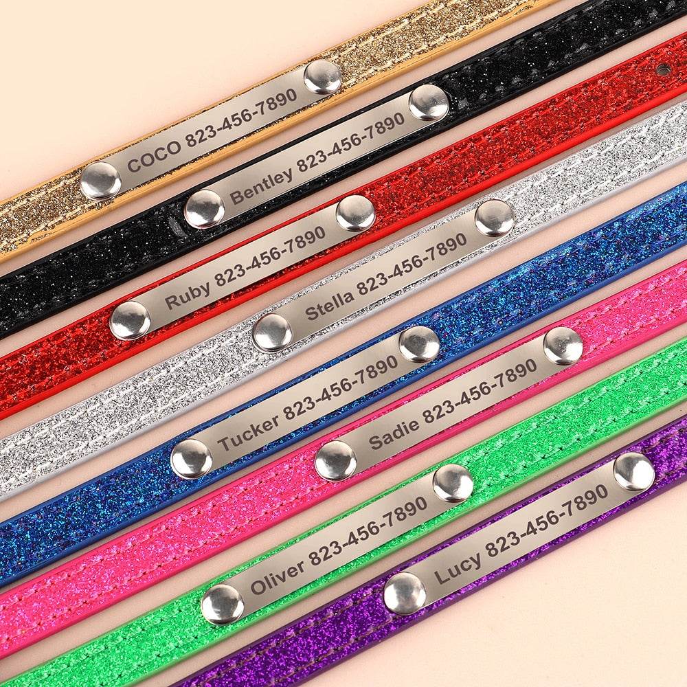 Engraved sparkly cat collars in multiple colors with personalization options.