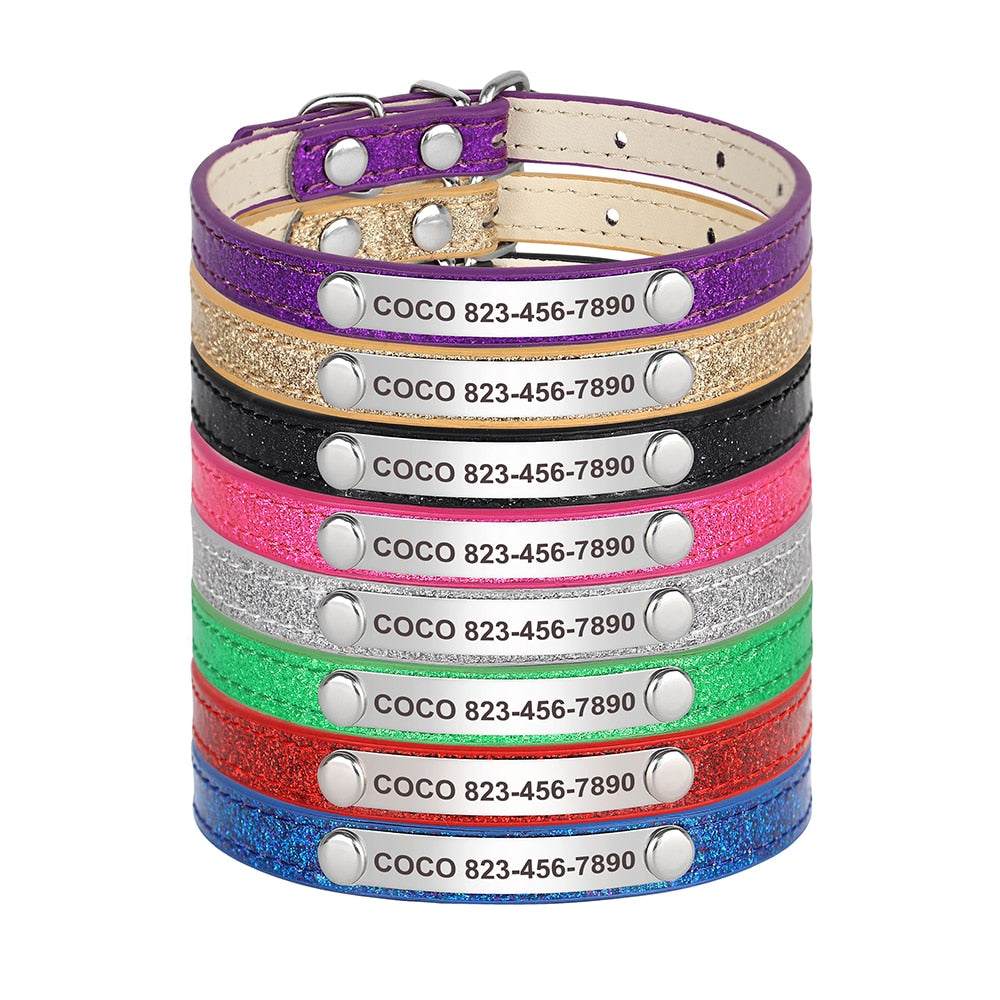 Engraved sparkly cat collars in eight colors with name and phone number.