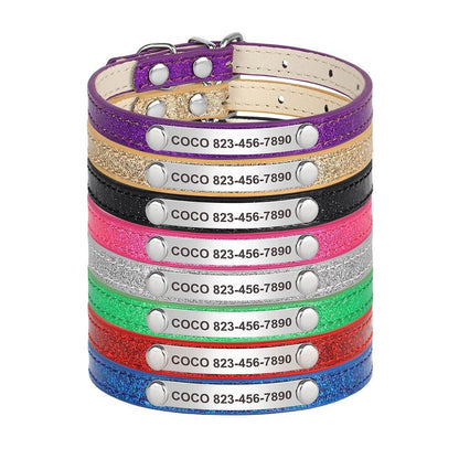 Engraved sparkly cat collars in eight colors with name and phone number.