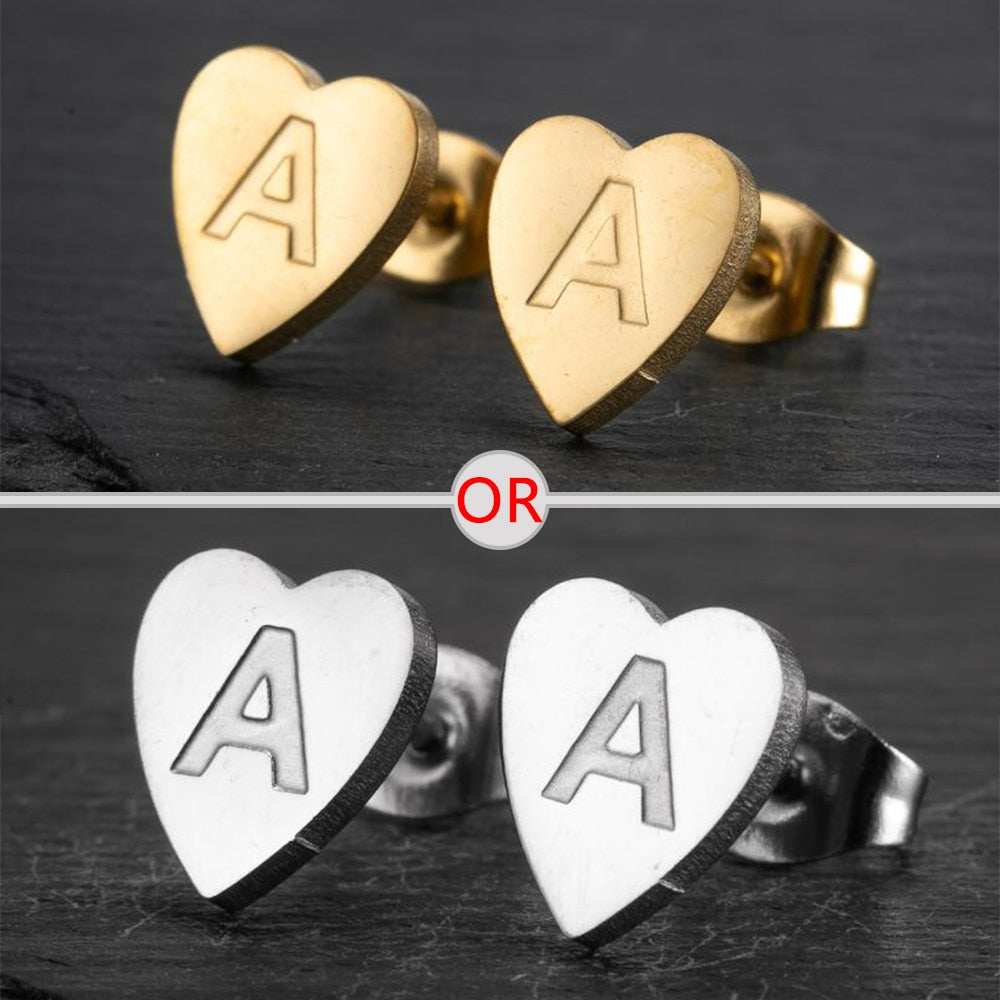 YourLetter Heart Stud Earrings with personalized initial in gold and silver finish.