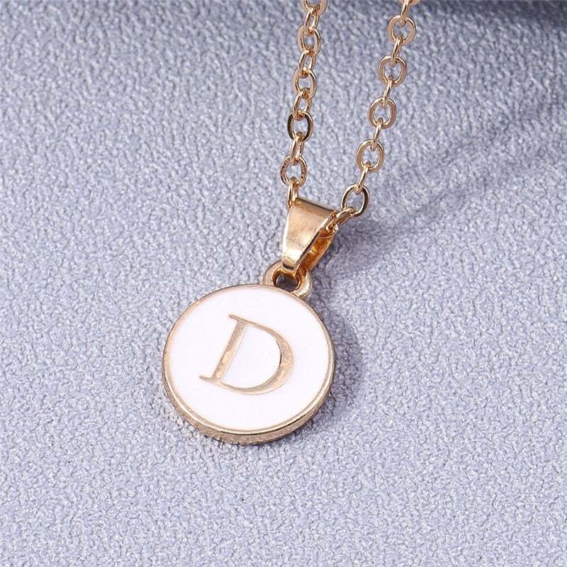 Custom Letter White Enamel Circle Necklace with Gold Detailing