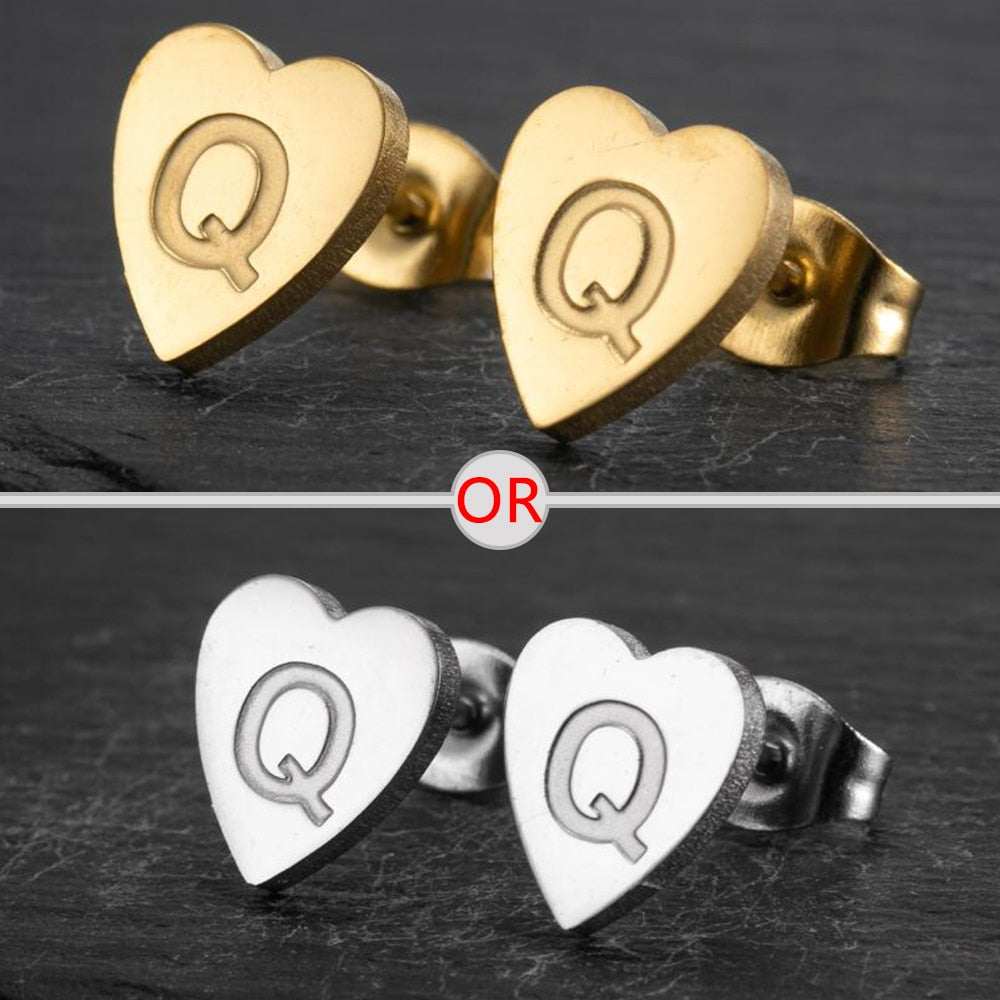 YourLetter Heart Stud Earrings with personalized initial in silver and gold finish.