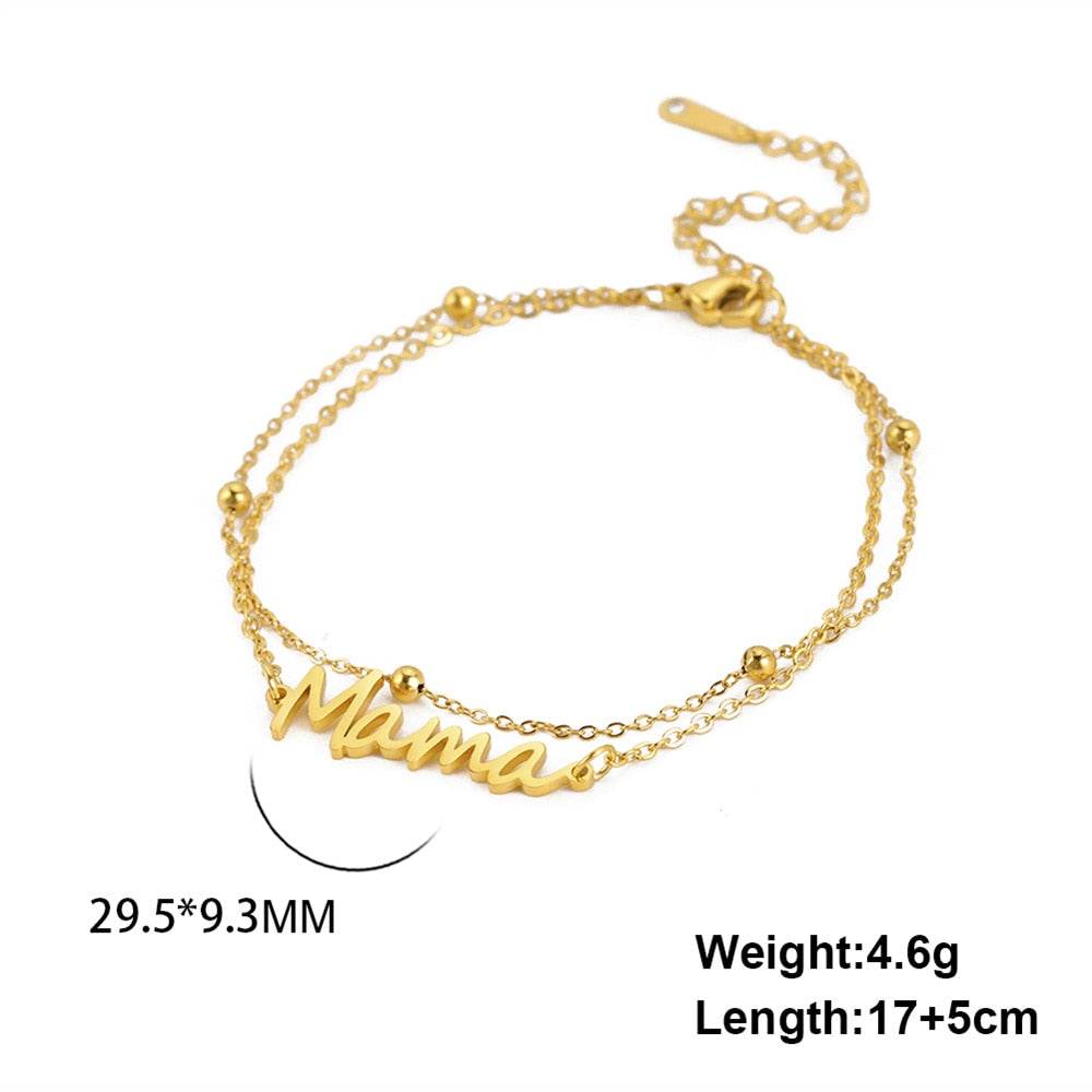 Mama bracelet with multiple style choices in gold, silver, red, or black.