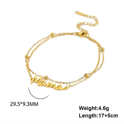 Mama bracelet with multiple style choices in gold, silver, red, or black.