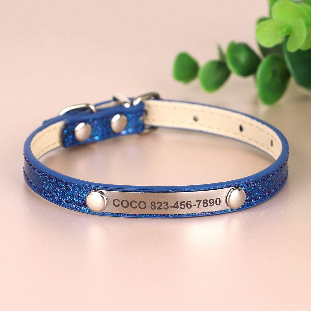 Engraved sparkly blue cat collar with personalized name and phone number, customizable in 3 sizes.