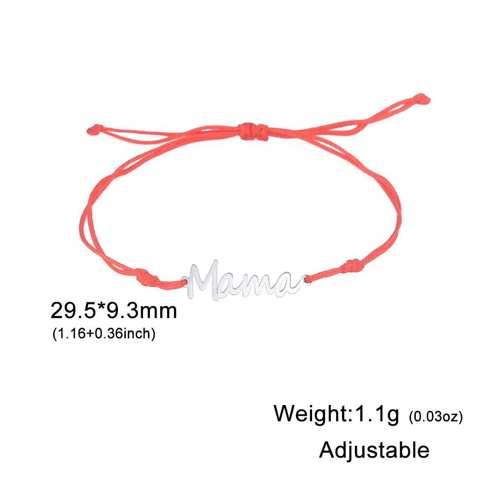 Mama bracelet with multiple style choices in red string, adjustable fit.