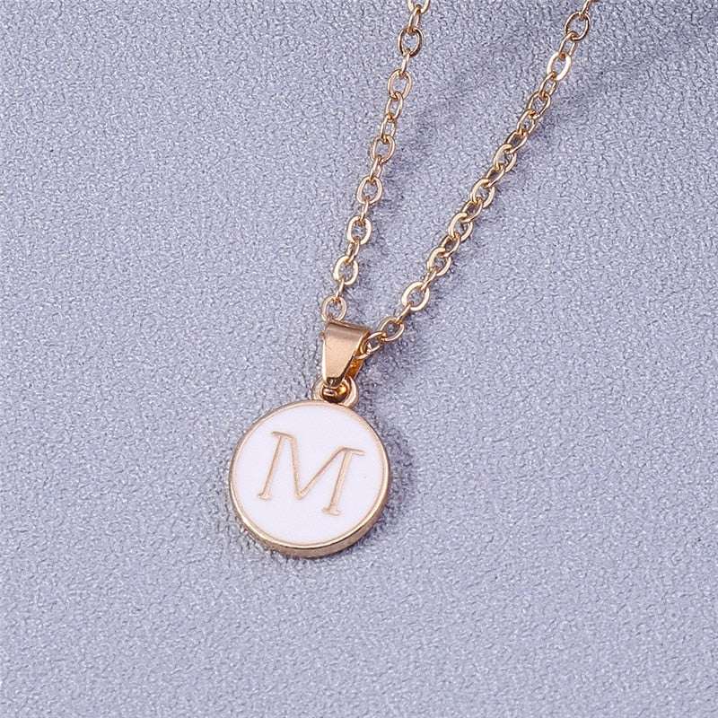 Custom Letter White Enamel Circle Necklace with Gold Detailing