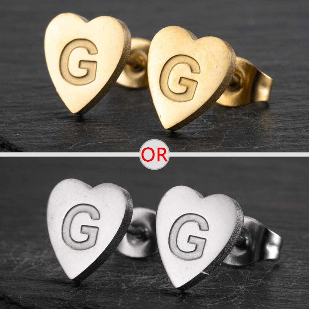 YourLetter Heart Stud Earrings with personalized initial in gold and silver finish.