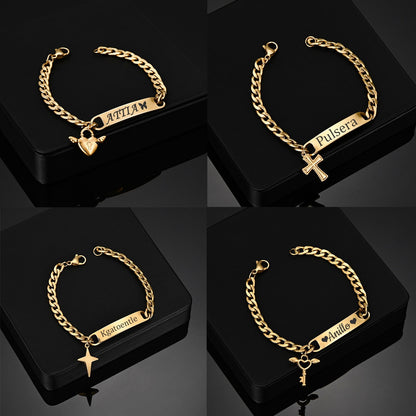 Engraved Nameplate Bracelet with Cuban Chain and Pendant in gold, personalized with 13 style options.