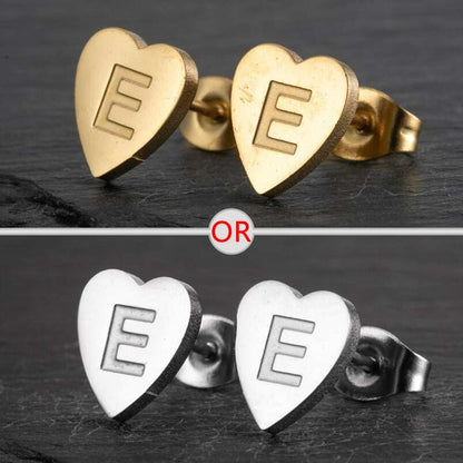 Heart-shaped stud earrings with personalized initials in silver and gold finishes.