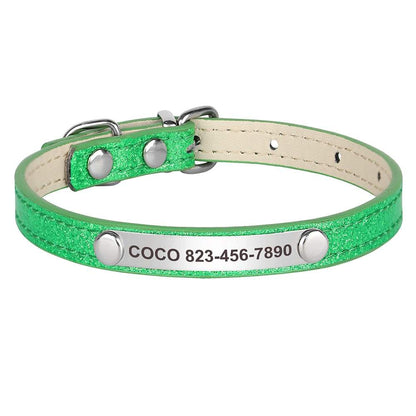 Engraved sparkly cat collar in green, personalized with name and phone number, available in 3 sizes.