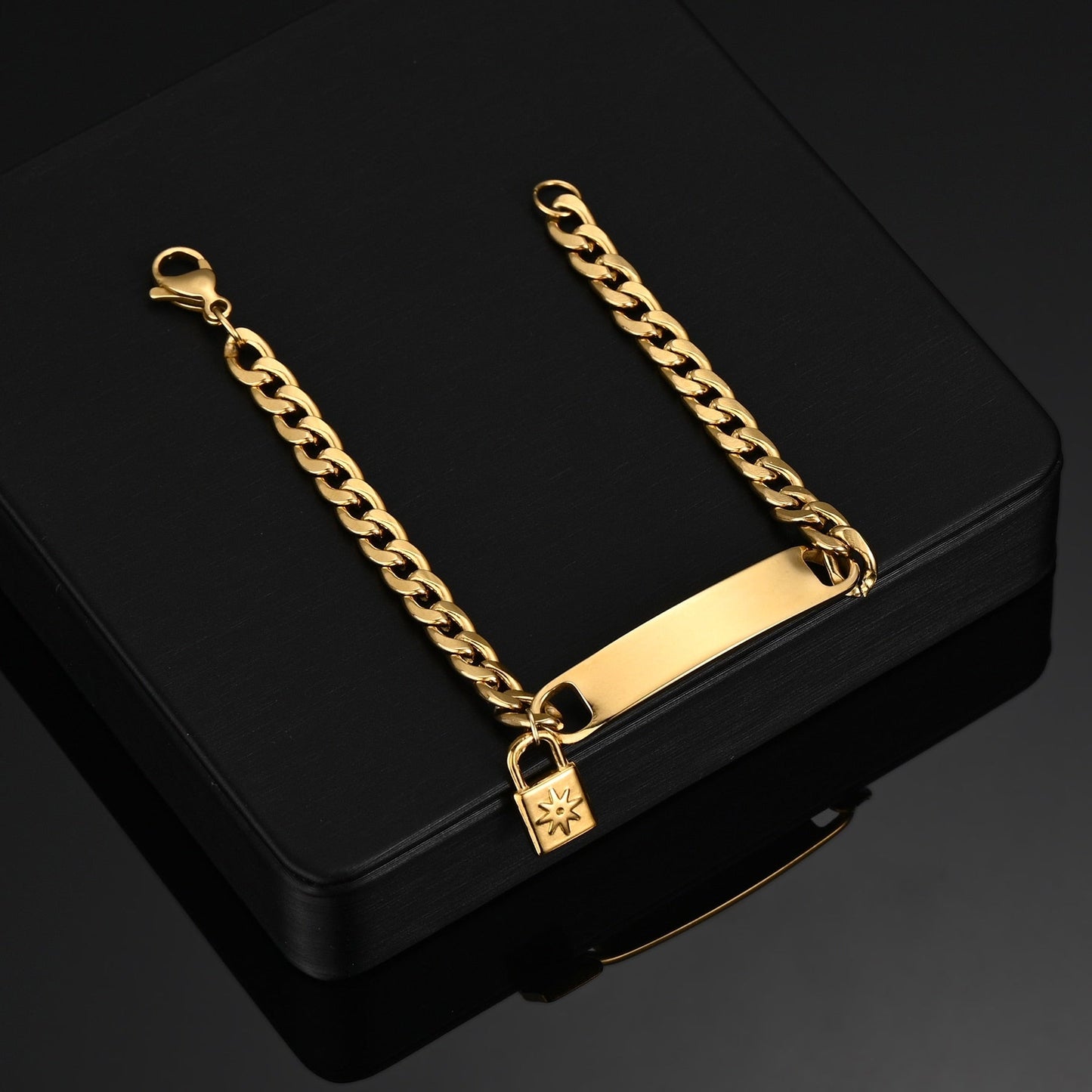 Engraved Nameplate Bracelet with Cuban Chain in gold featuring customizable pendant.