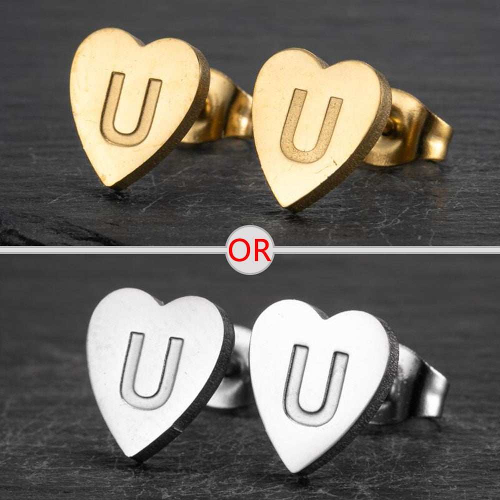 YourLetter Heart Stud Earrings with personalized initial in gold and silver finishes.