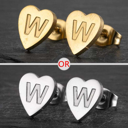 Personalized YourLetter Heart Stud Earrings in silver and gold finish.