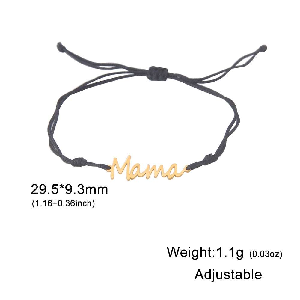 Mama bracelet with multiple style choices in black string.