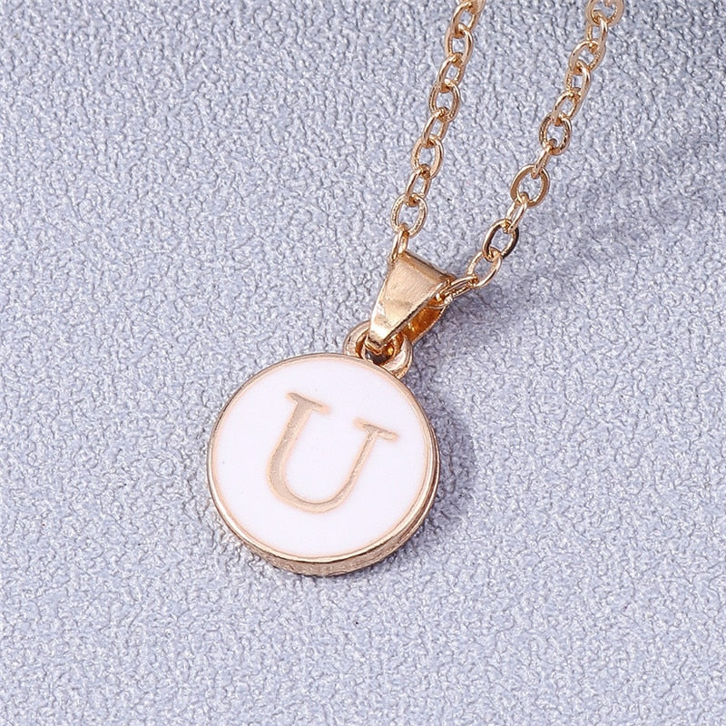 YourLetter White Enamel Circle Necklace with Custom Letter Pendant and Gold Detailing