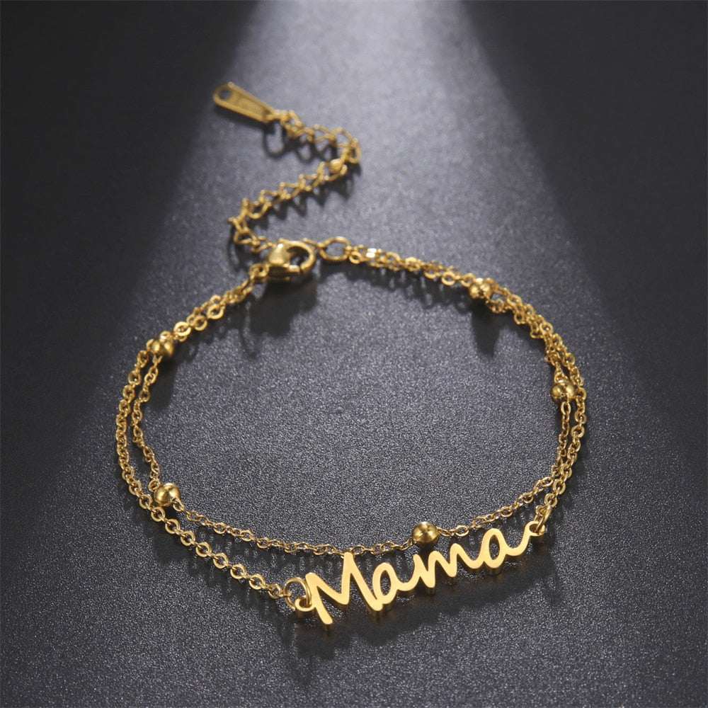 Mama bracelet with multiple style choices available in gold or silver, featuring a mama nameplate.