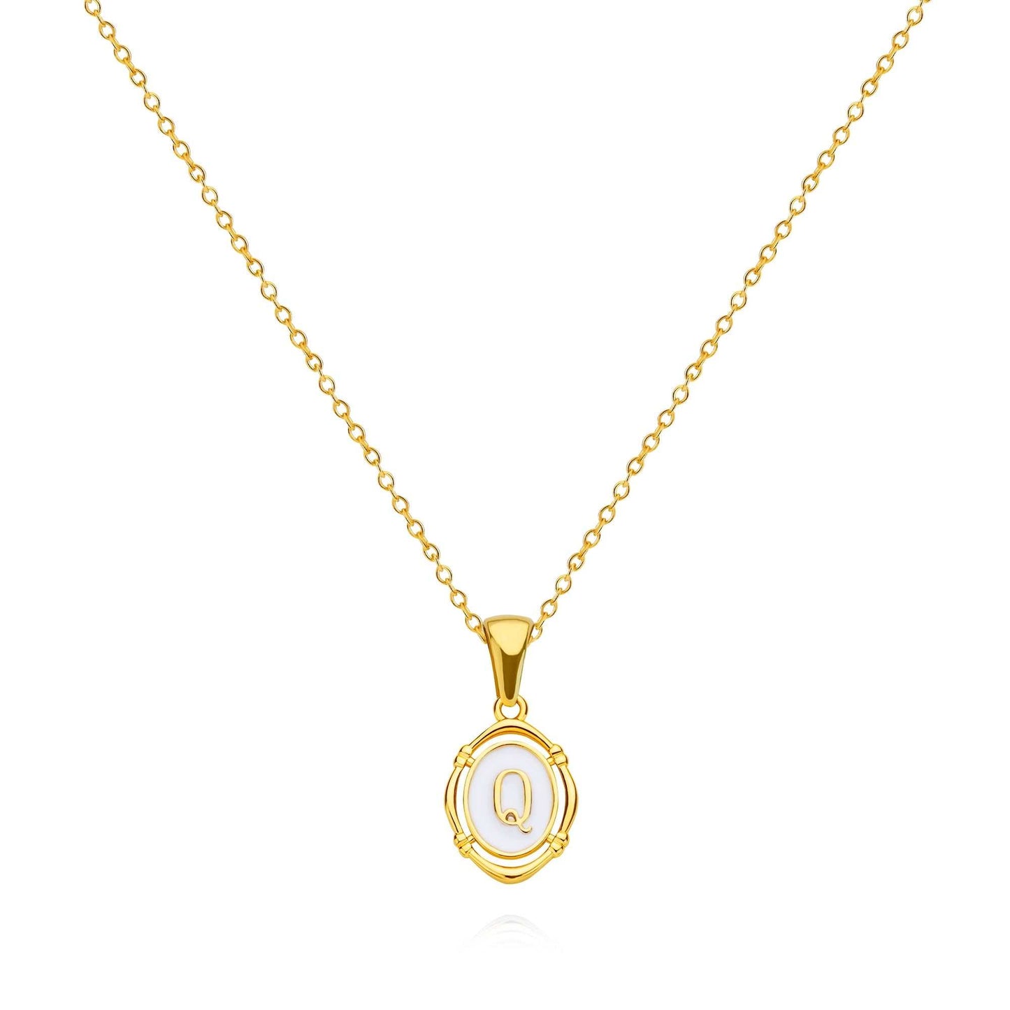 Framed YourLetter Enamel Necklace with gold alloy, customizable embossed letter on 45cm chain.