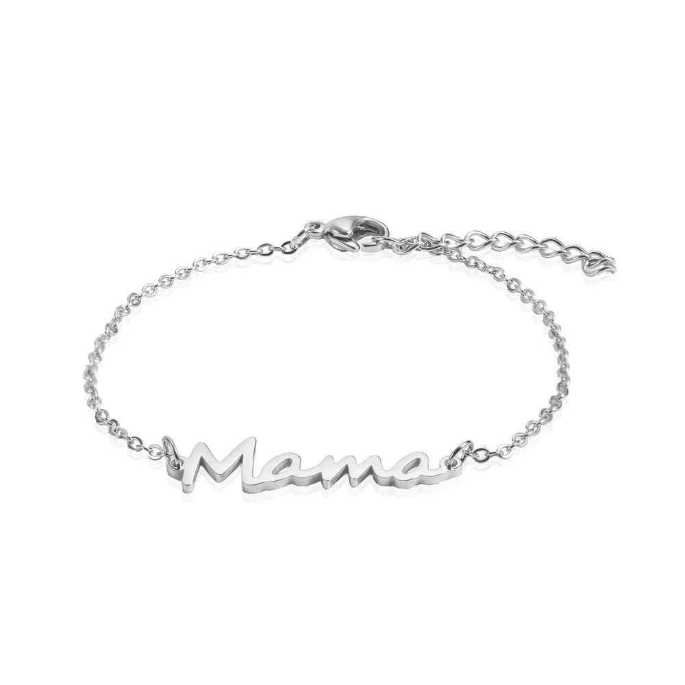 Mama bracelet with multiple style choices, featuring a silver nameplate and adjustable chain.