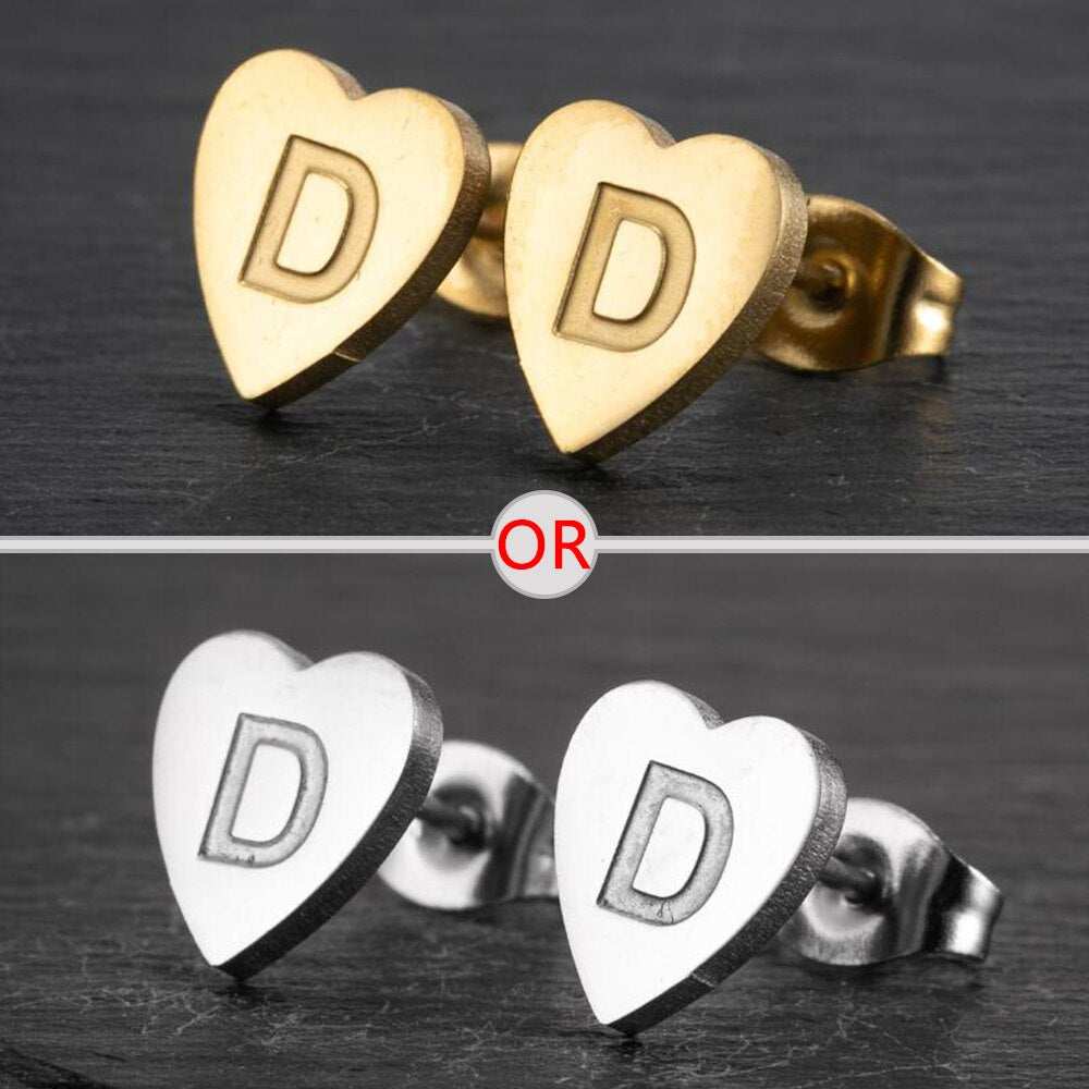 YourLetter Heart Stud Earrings in gold and silver with personalized initial.