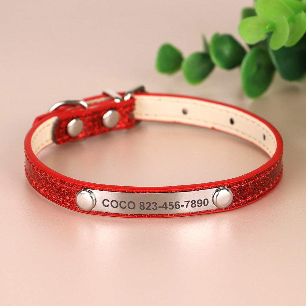 Engraved sparkly cat collar in red with personalized name and phone number.