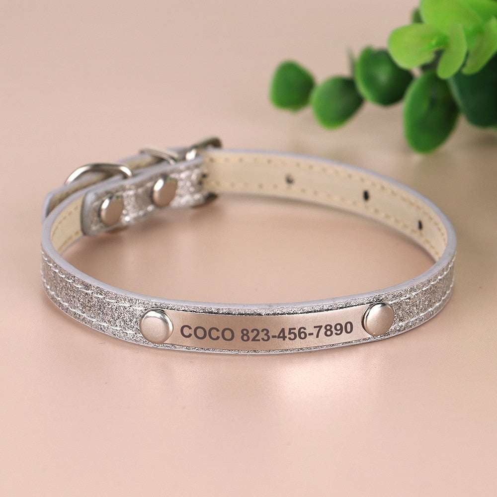 Engraved sparkly cat collar with name and phone number, silver, customizable, three sizes.