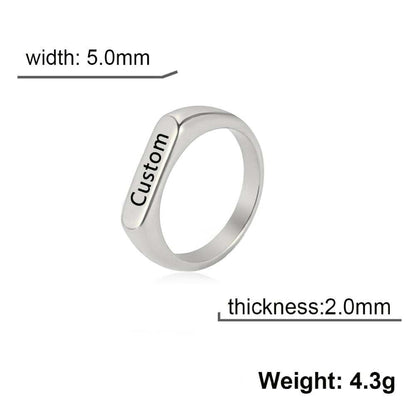 Engraved custom name flat band ring in silver with thickness of 2.0mm and width of 5.0mm.