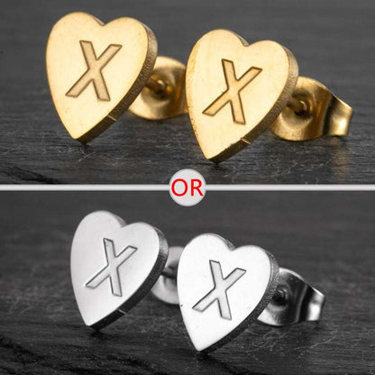 Heart stud earrings with personalized initial, available in silver and gold finishes.