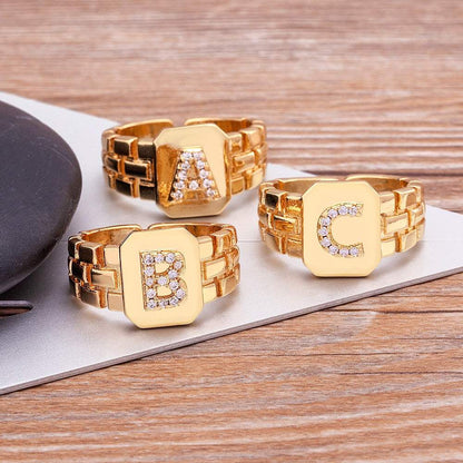 Yourletter Chunky Embossed Ring with imitation gems featuring customizable letters A-Z, in adjustable gold color design.