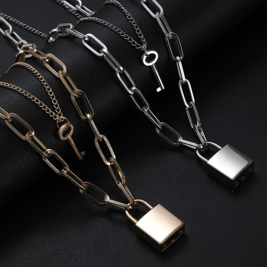 Double Layer Lock Chain Necklace with padlock design and sturdy link chain.